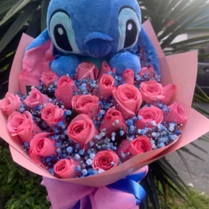 Bouquet en rosas rosadas con Peluche Stitch