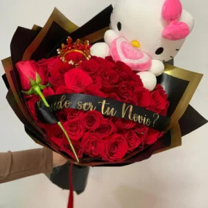 Bouquet de rosas con peluche de hello kitty