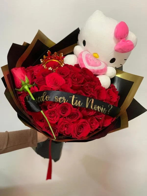 Bouquet de rosas con peluche de hello kitty