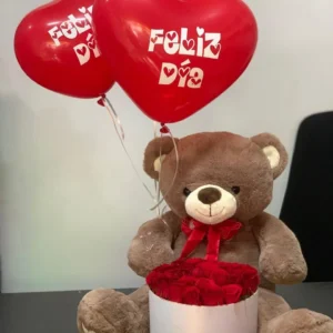 Caja con rosas, peluche y globos con helio